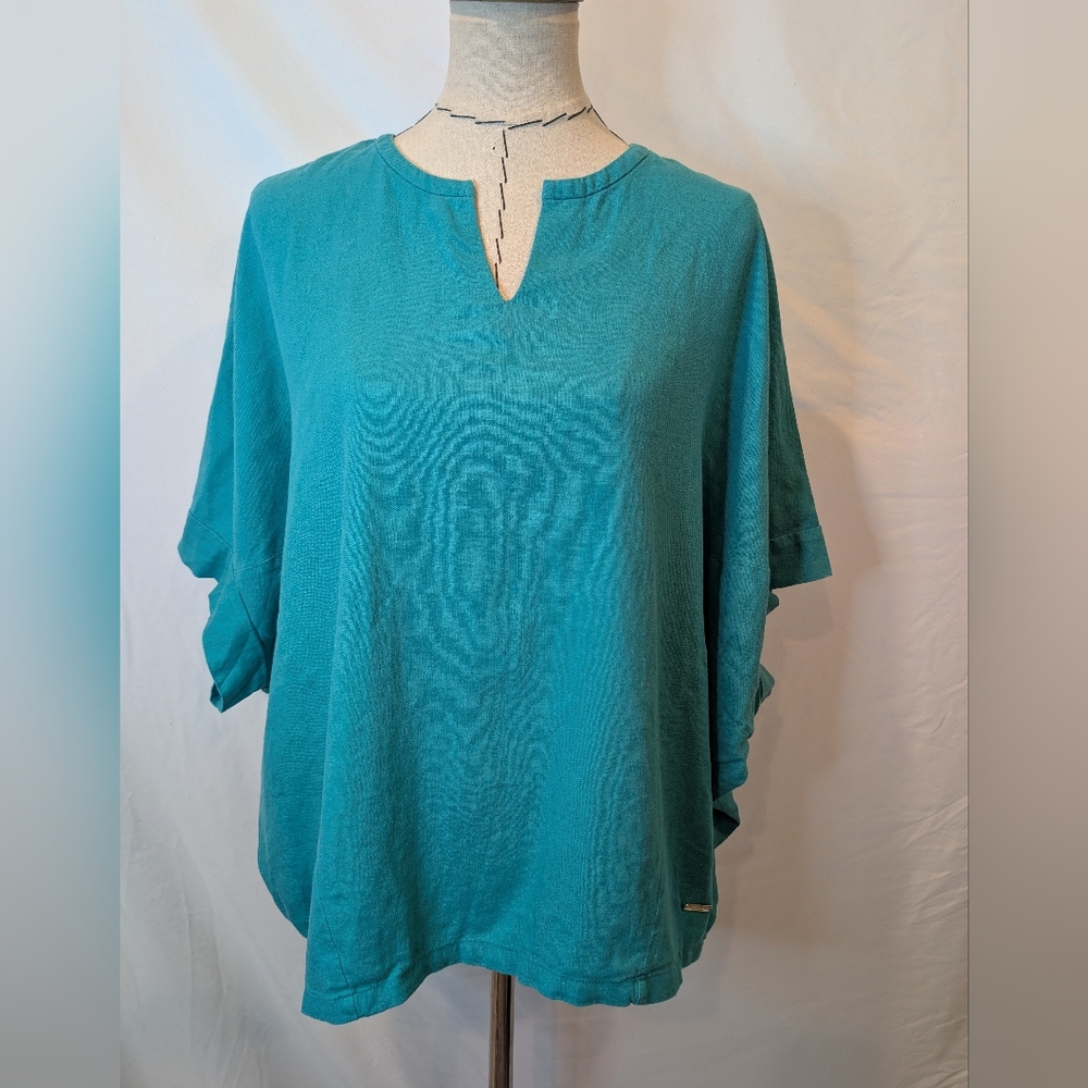 Dolman oversized Linen Relaxed Teal Women's Split-Neck short sleeve